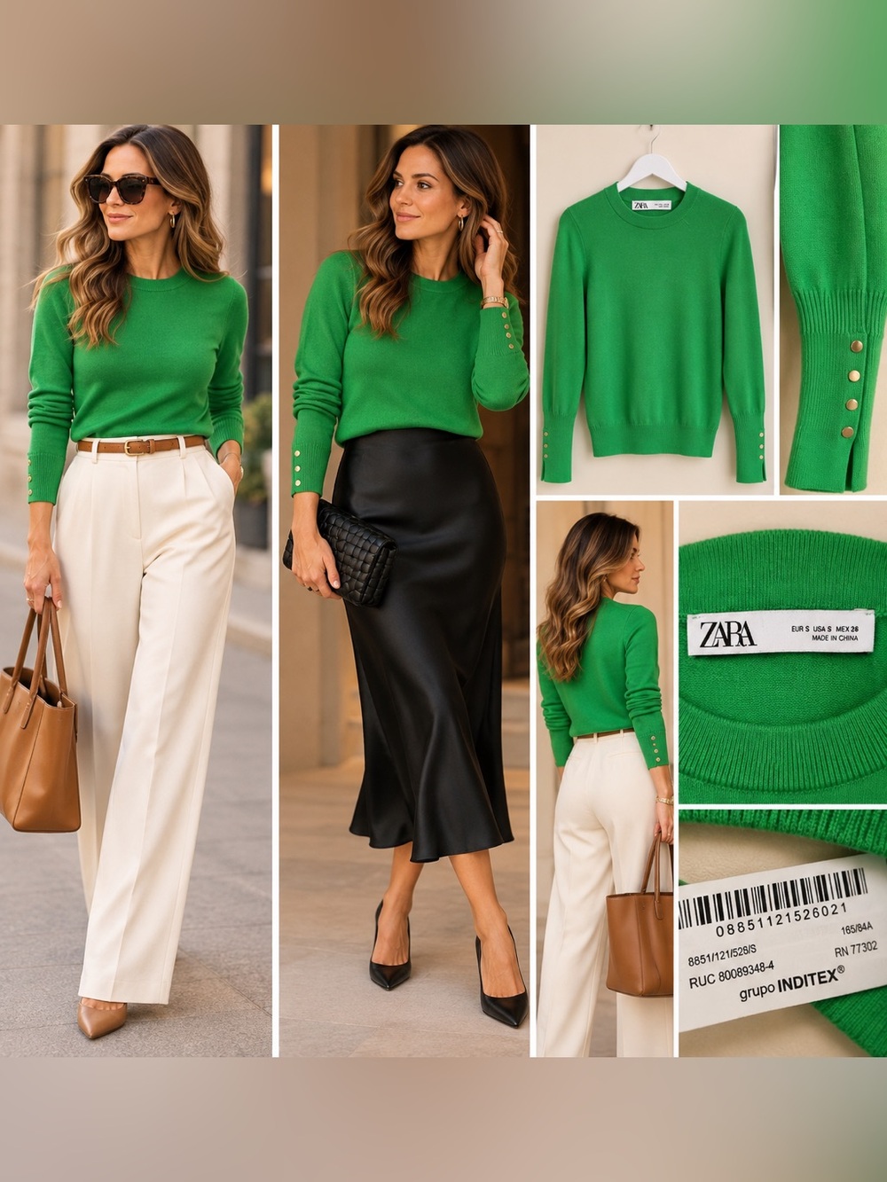 ZARA Saturated Emerald Green Knit Sweater with Gold Button-Detail Cuffs